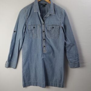 J Crew Denim Roll Up Long Sleeve Chambray Shirt Dress  Boho Country Western Sz S